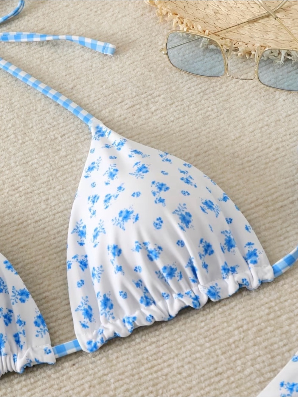Blue Floral Reversible Triangle Halter Bikini Set - Picture 6 of 10
